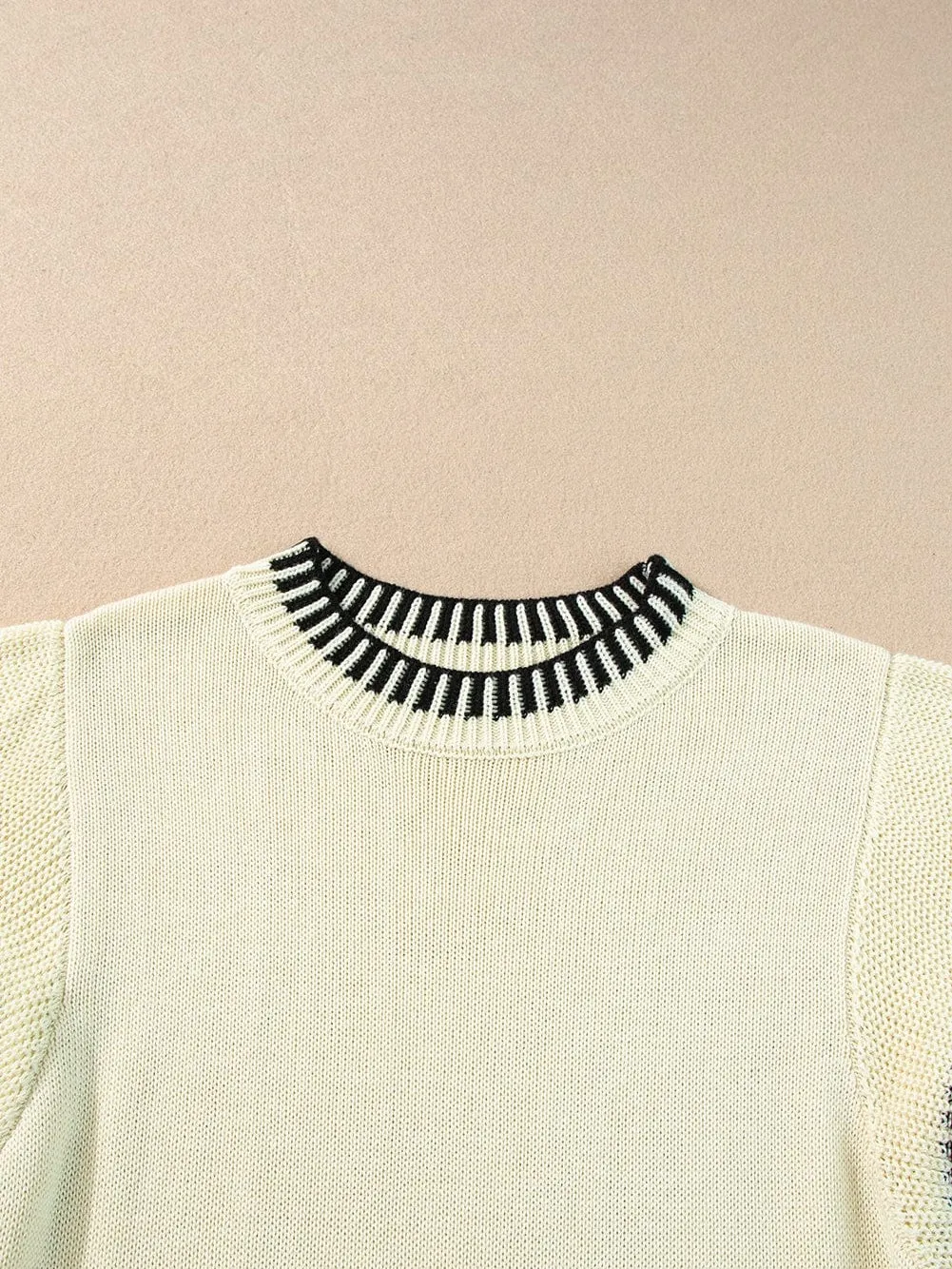 Beige Knitted Top with Batwing Sleeves and Contrast Trim