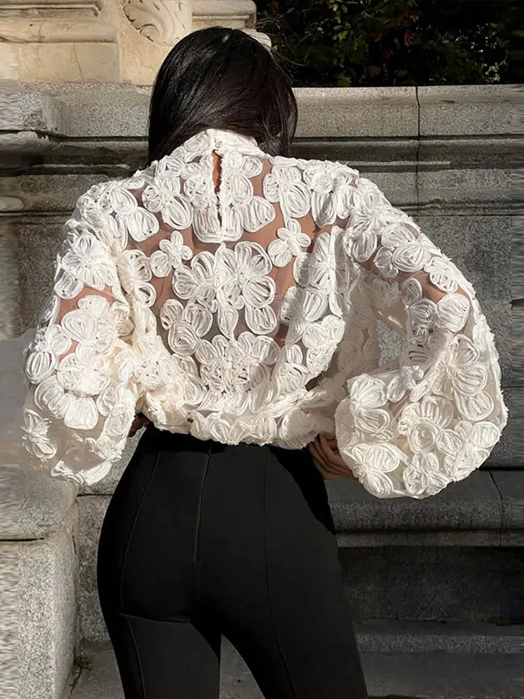 Bonnyshow Retro Flower Lace Hollow Out Women's Blouses Fashion Transparent High Collar Lantern Sleeve Shirt Women Elegant Casual Shirts