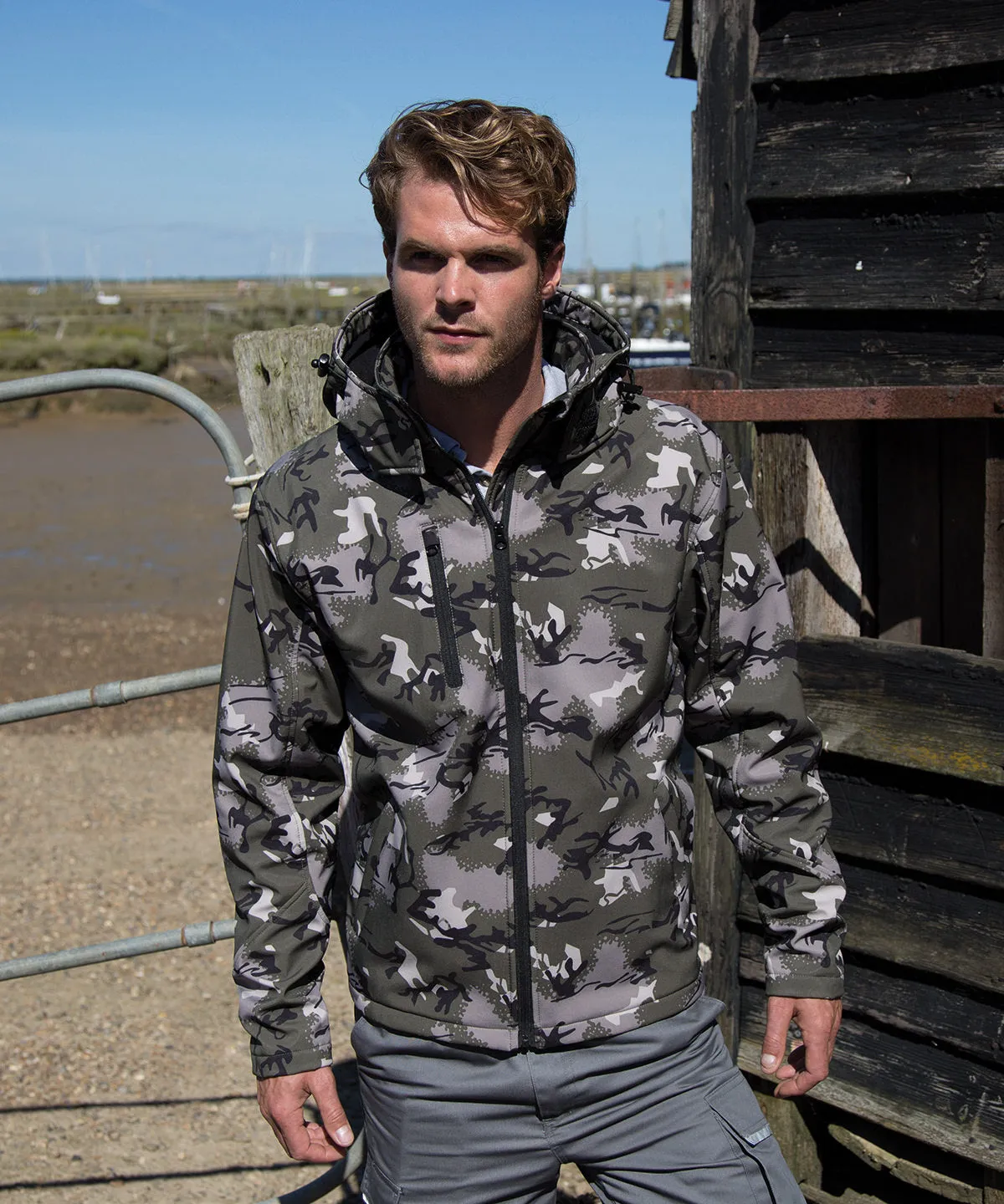 Camo TX performance hooded softshell jacket | Camo Charcoal