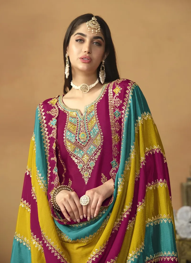 Chic And Comfortable Punjabi Salwar Suit in Chinon Silk