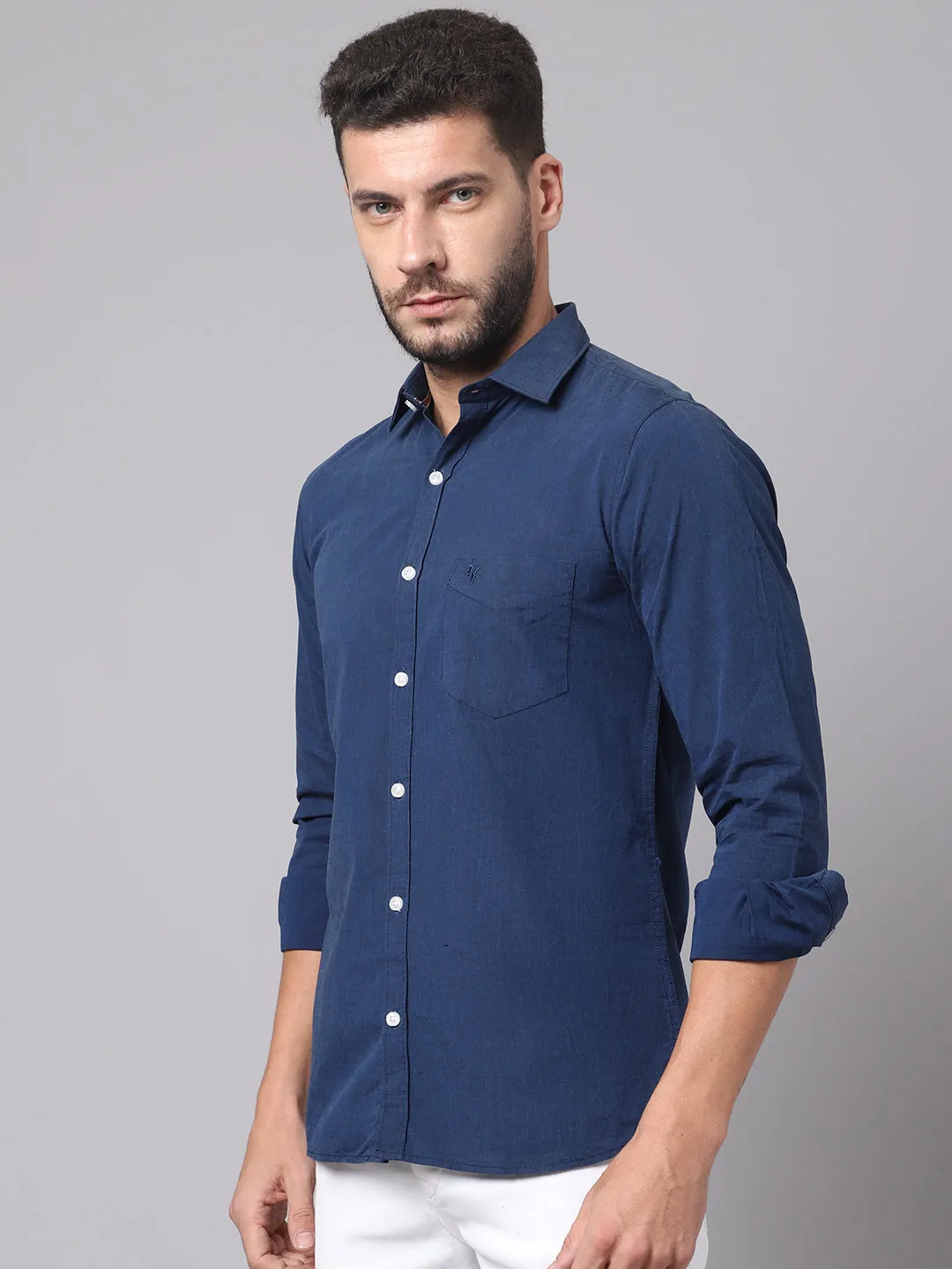 Cotton Solid Navy Blue Full Sleeve Regular Fit Casual Shirt for Men with Pocket