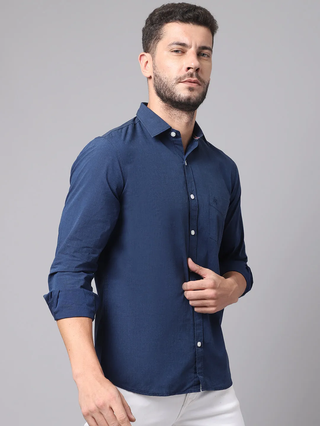 Cotton Solid Navy Blue Full Sleeve Regular Fit Casual Shirt for Men with Pocket