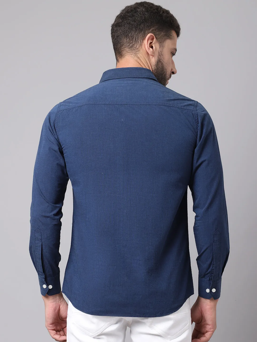 Cotton Solid Navy Blue Full Sleeve Regular Fit Casual Shirt for Men with Pocket