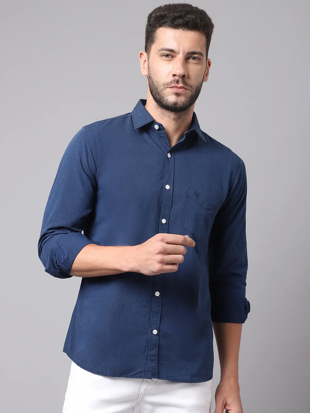 Cotton Solid Navy Blue Full Sleeve Regular Fit Casual Shirt for Men with Pocket