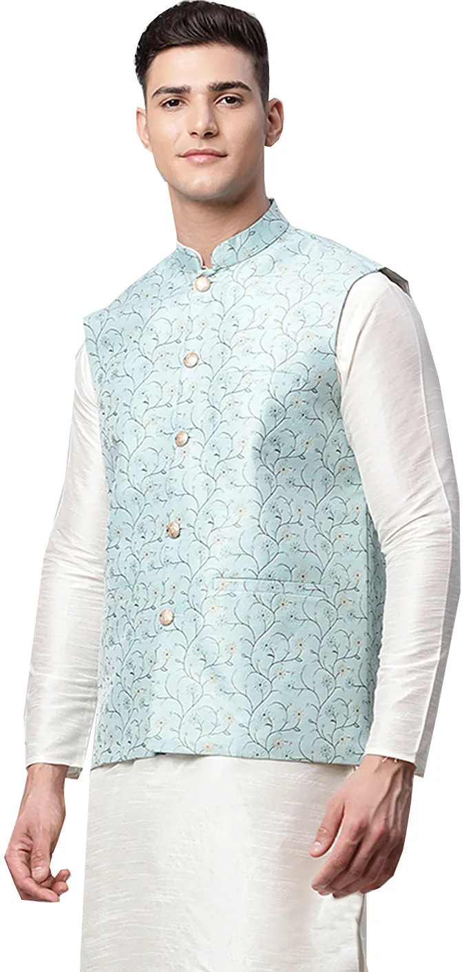 Floral Men's Embroidered Nehru Vest from India (Blue)