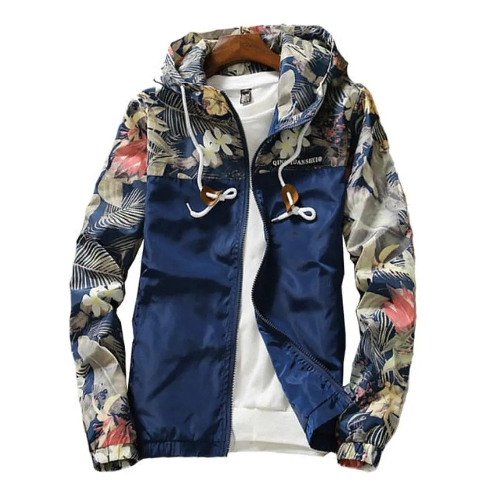 Hooded Floral Wind-Breaker Zipper Lightweight Jacket