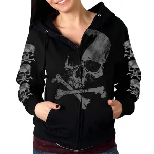 Hot Leathers GLZ4572 Ladies Black Zipper Hoodie w/ Gray X Bones Print Artwork