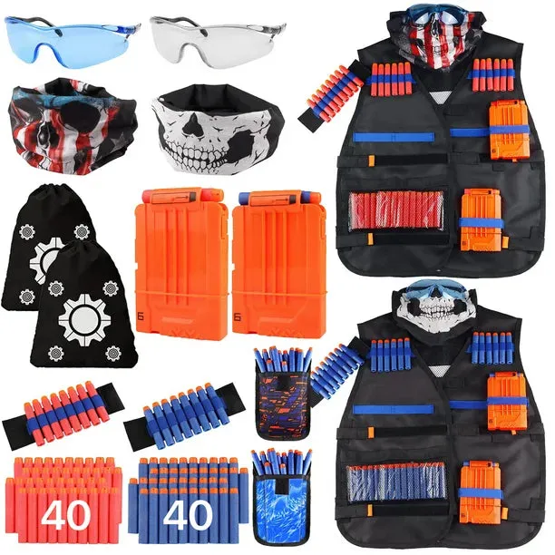 Irene Kids Tactical Vest 2 Vests With Dart Pouches, Tactical Mask, Protective Glasses, 80 Refills, Wrist B & Protective Durable Glasses For Kids Gun Battle