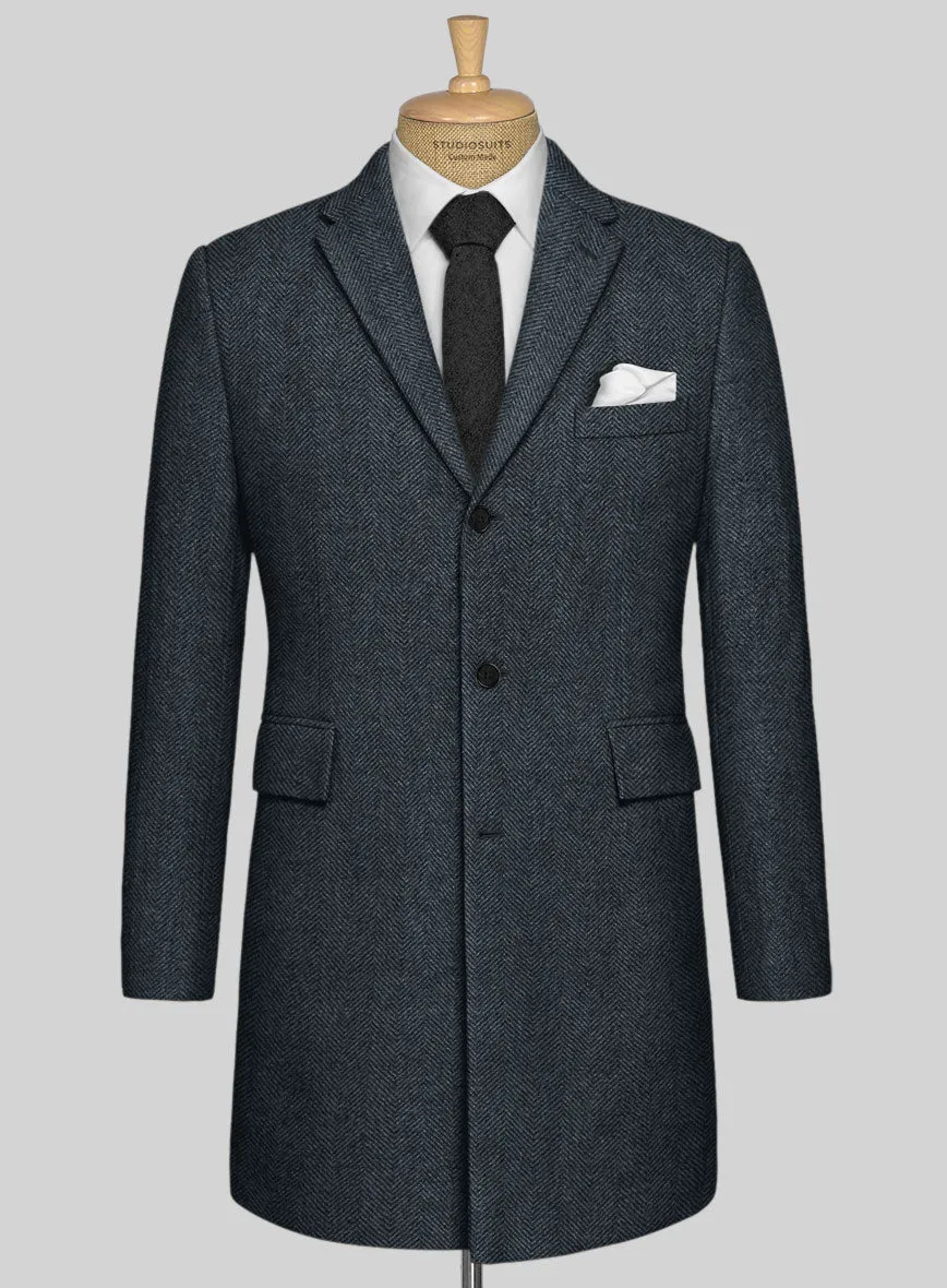 Italian Highlander Blue Herringbone Tweed Overcoat