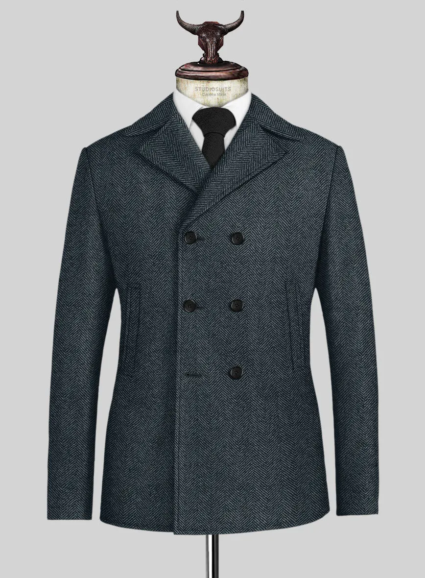 Italian Highlander Blue Herringbone Tweed Pea Coat