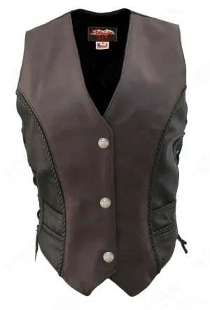 Ladies Black Brown Made in USA Naked Leather Motorcycle Vest