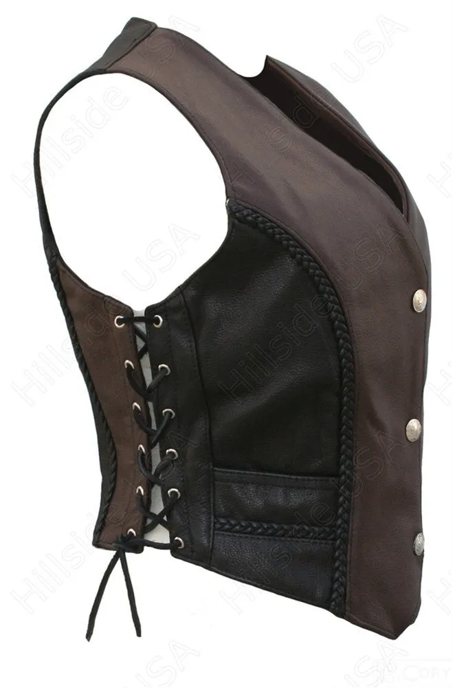 Ladies Black Brown Made in USA Naked Leather Motorcycle Vest