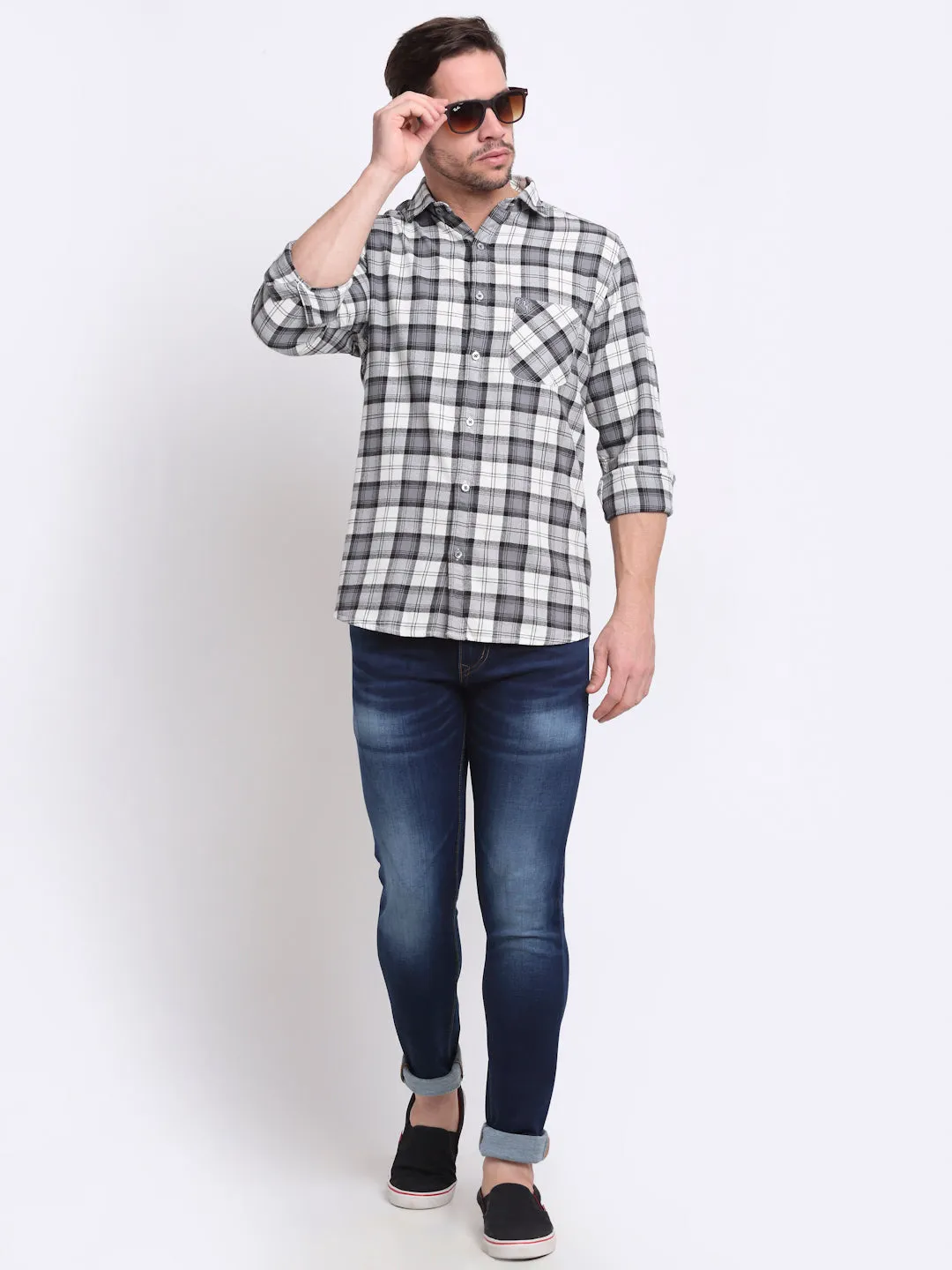 Men Cotton Checkered Grey Full Sleeve Casual Shirt for Men with Pocket