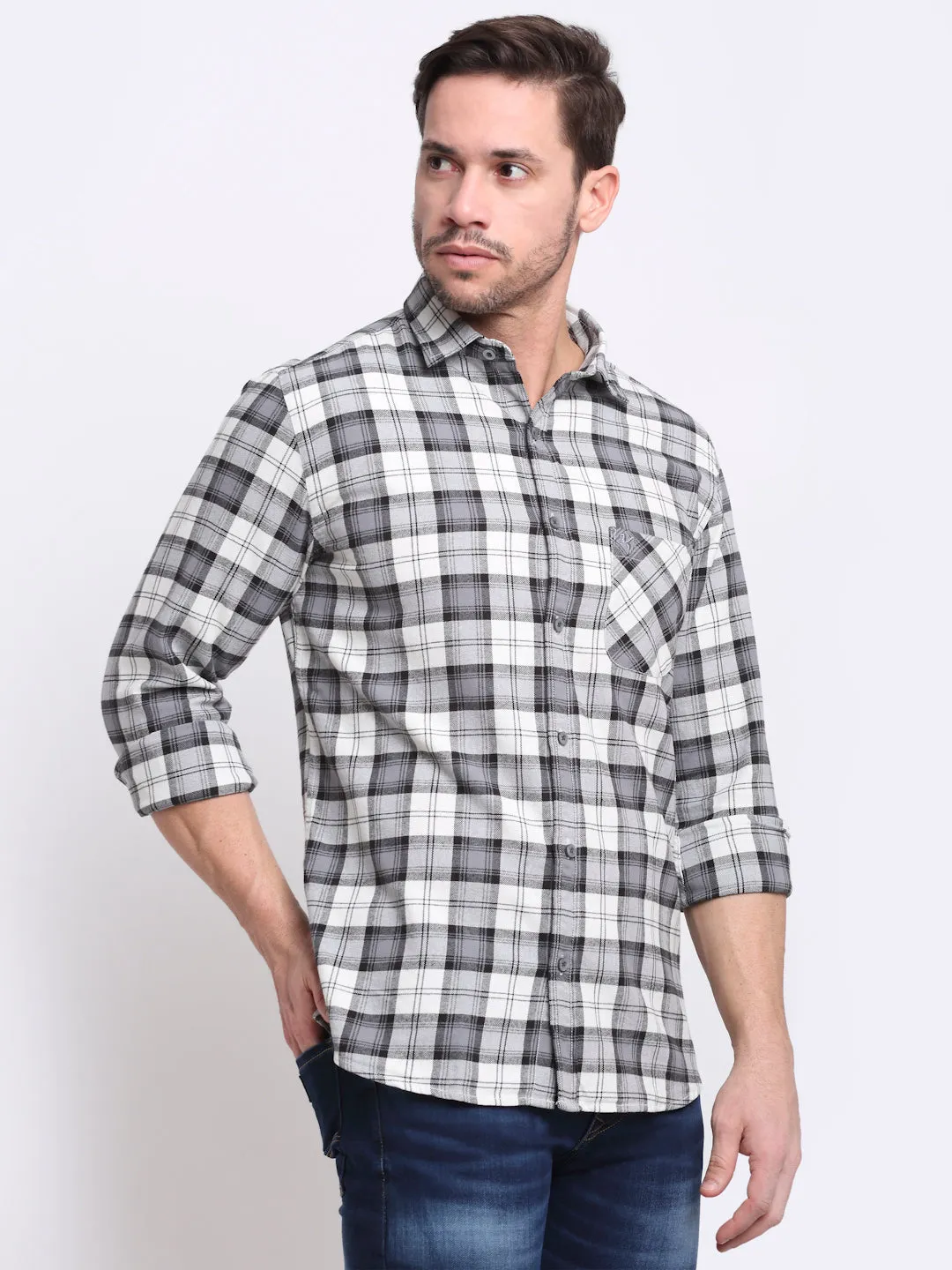 Men Cotton Checkered Grey Full Sleeve Casual Shirt for Men with Pocket