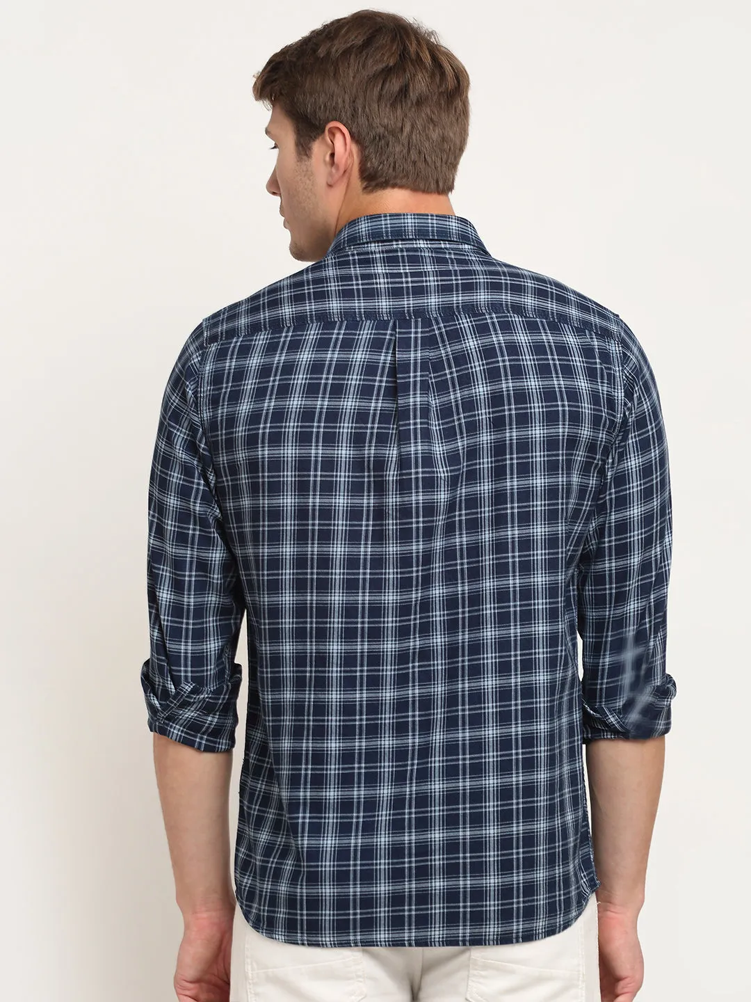 Men Cotton Checkered Navy Blue Full Sleeve Casual Shirt for Men with Pocket