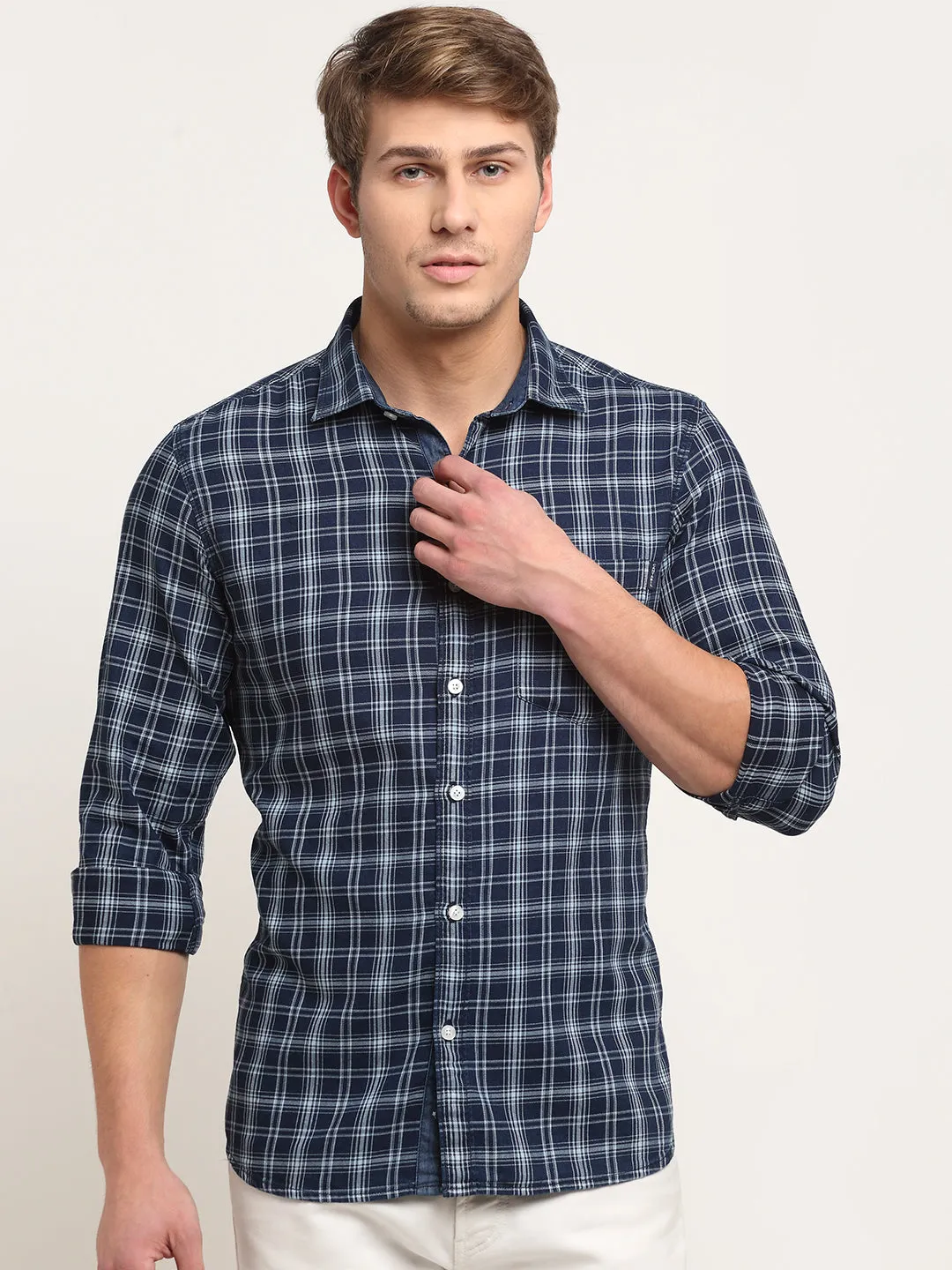 Men Cotton Checkered Navy Blue Full Sleeve Casual Shirt for Men with Pocket