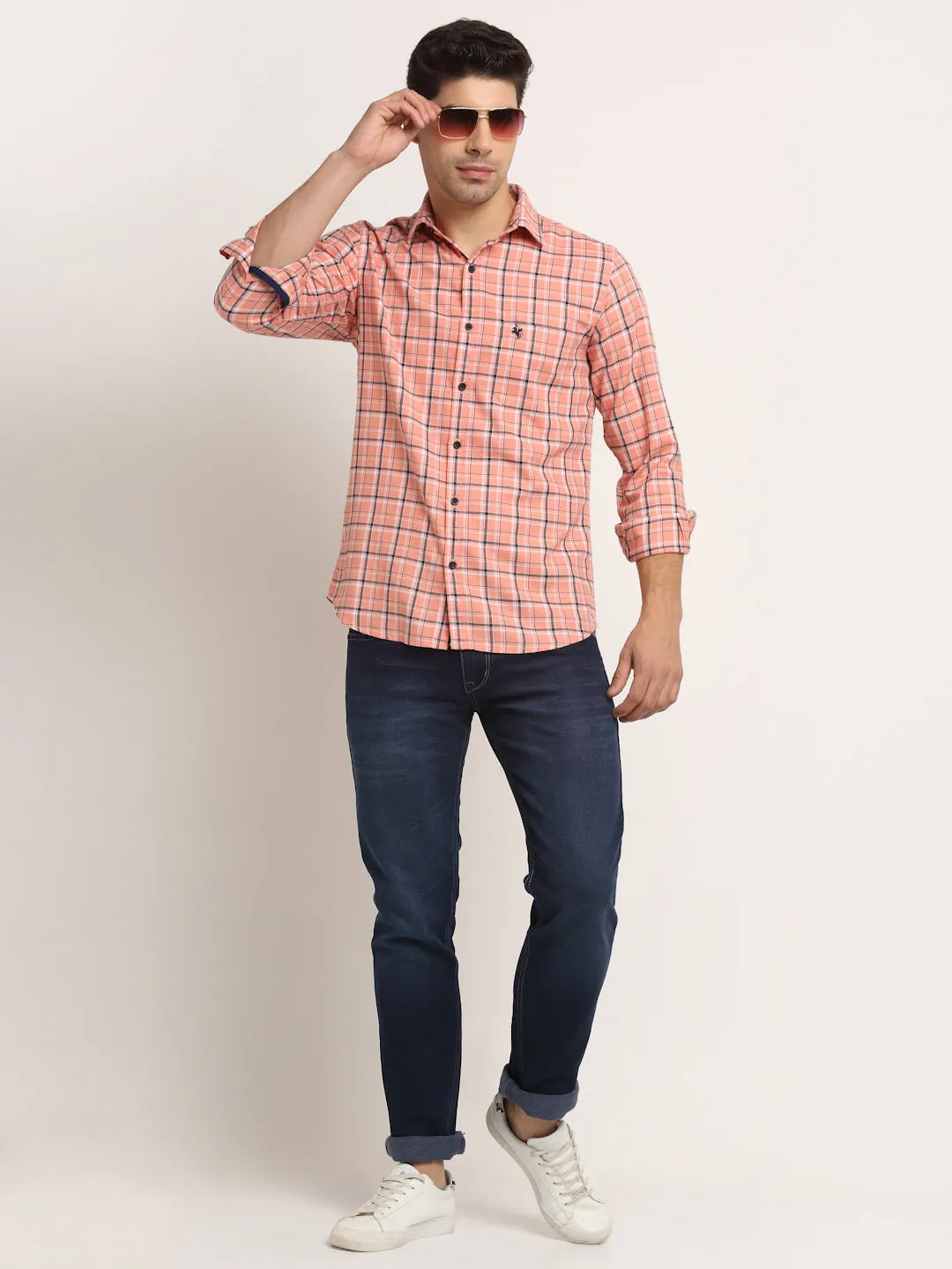 Men Cotton Checkered Pink Full Sleeve Casual Shirt for Men with Pocket