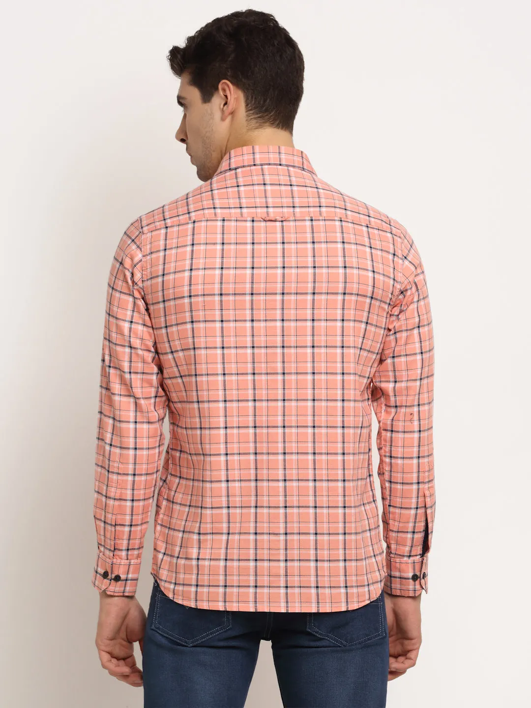 Men Cotton Checkered Pink Full Sleeve Casual Shirt for Men with Pocket