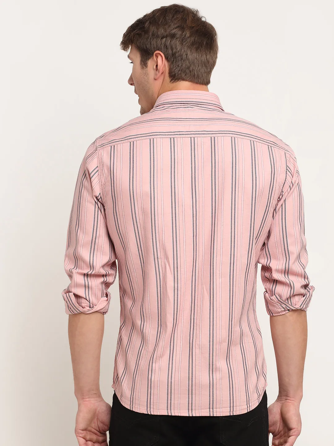 Men Cotton Striped Pink Full Sleeve Casual Shirt for Men with Pocket