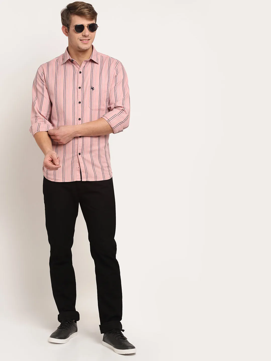 Men Cotton Striped Pink Full Sleeve Casual Shirt for Men with Pocket