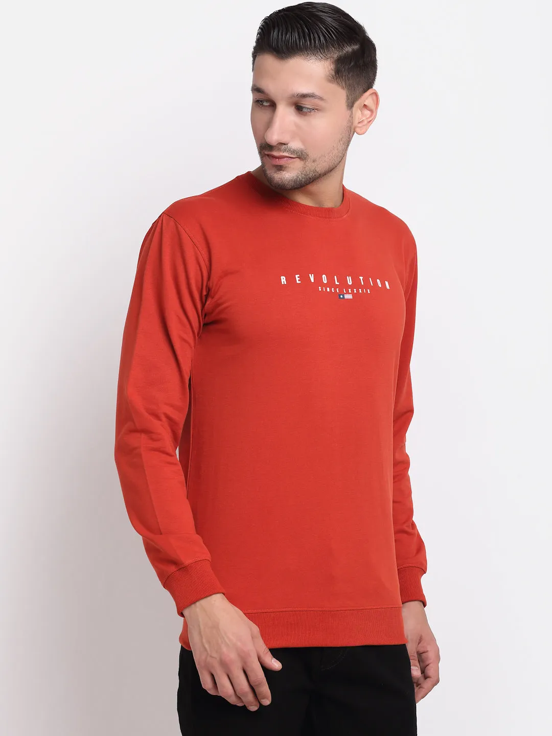 Men Round Neck Full Sleeves Rust Casual Sweatshirt