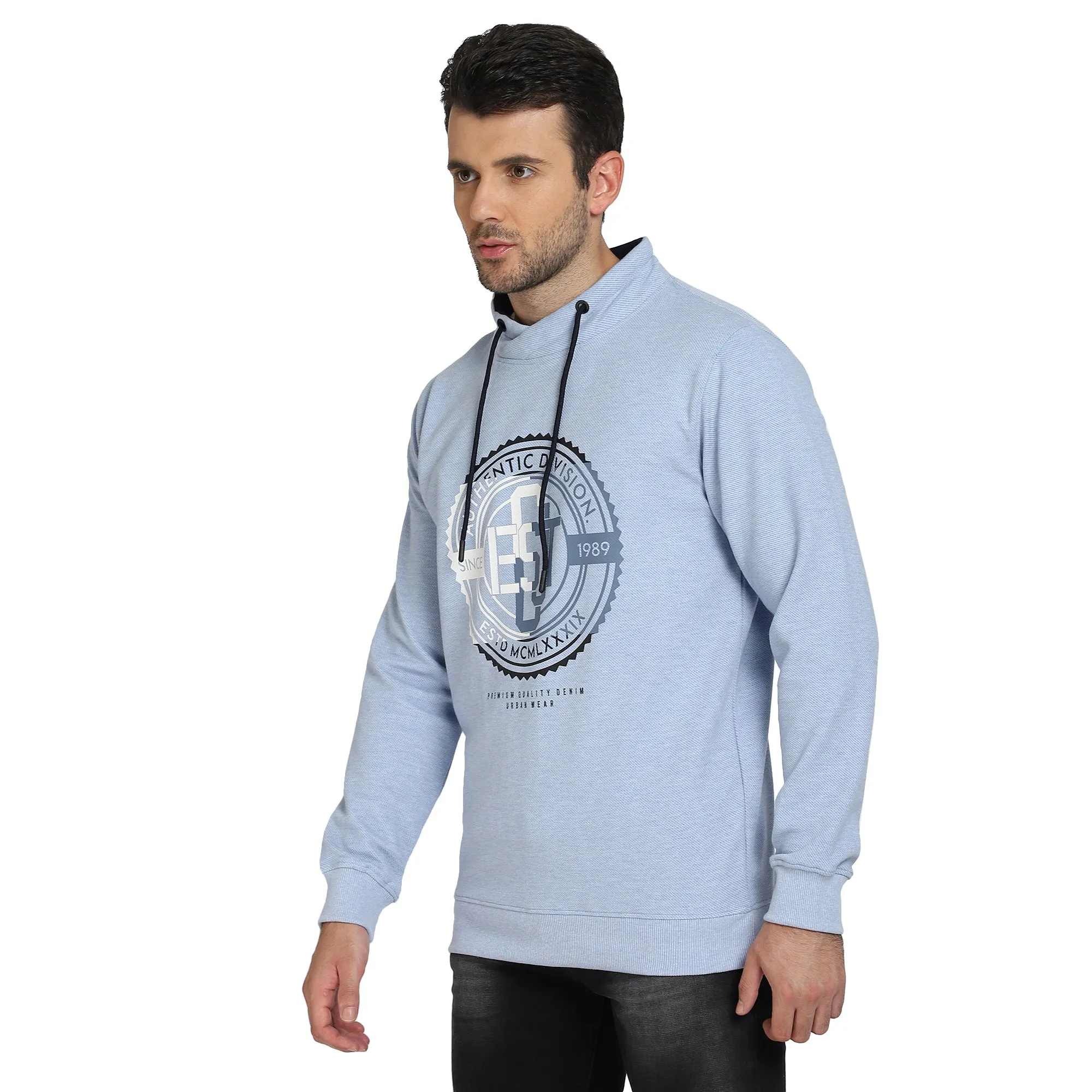 Men Round Neck Full Sleeves Sky Melange Casual Sweatshirt