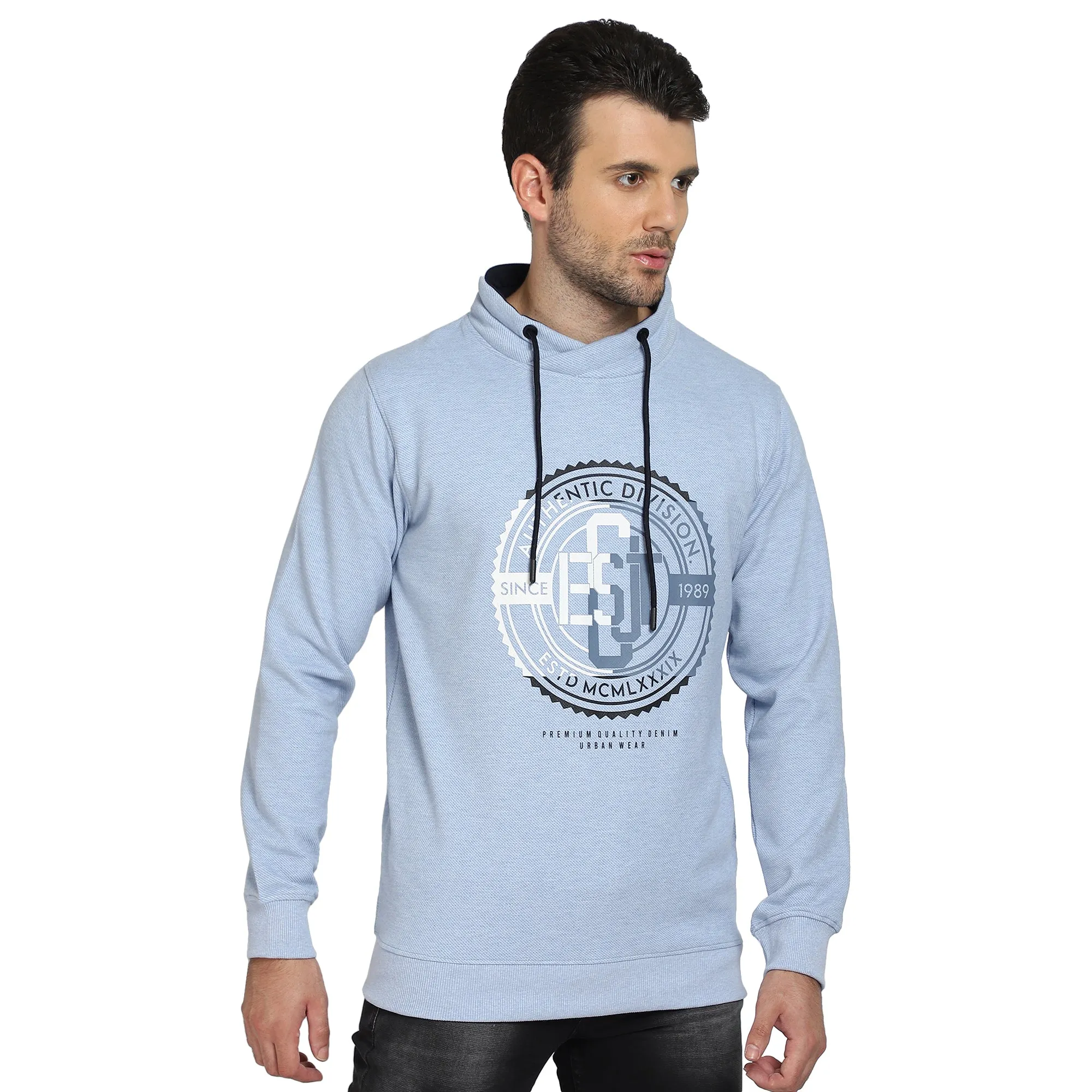 Men Round Neck Full Sleeves Sky Melange Casual Sweatshirt