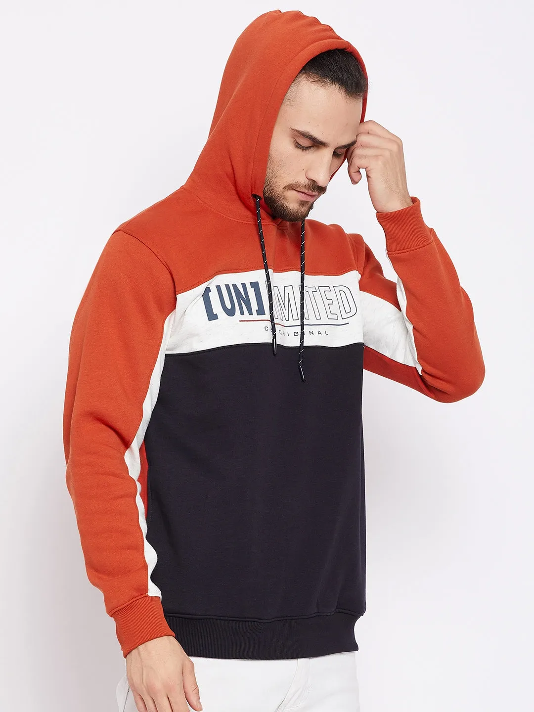 Men Rust Full Sleeves Hooded Neck Casual Sweatshirt