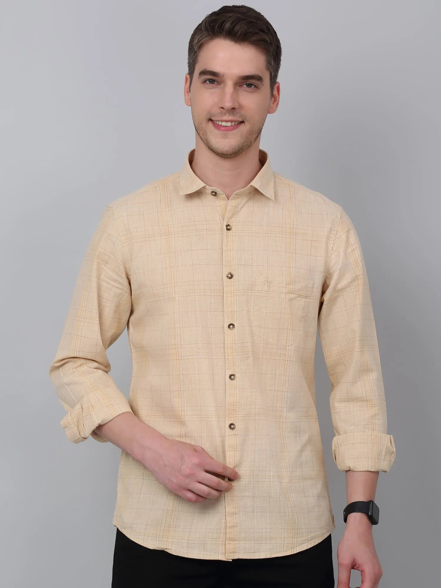 Men's Beige Casual Big Checks Full Sleeve Shirt