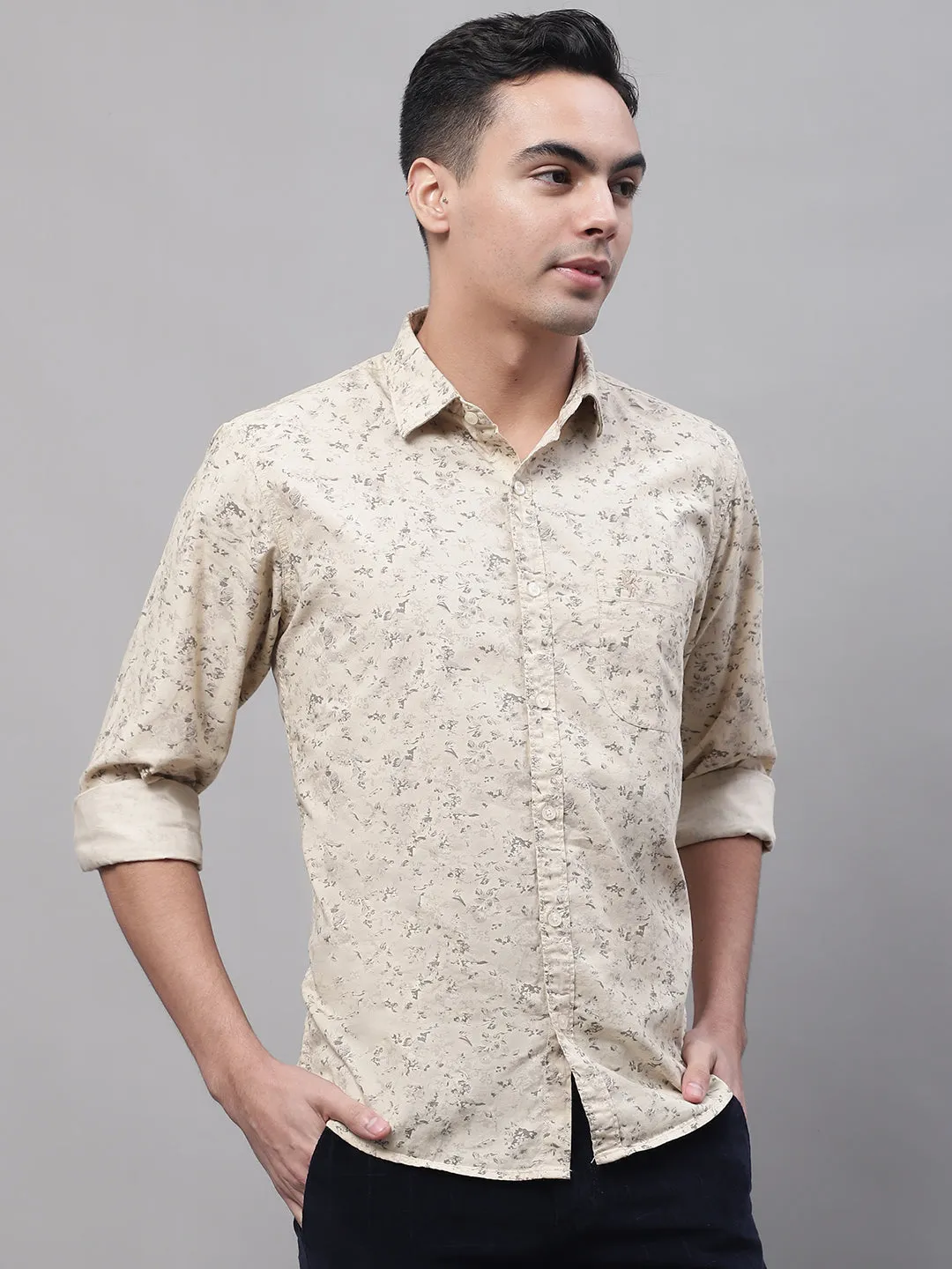 Men's Beige Casual Floral Print Full Sleeve Shirt