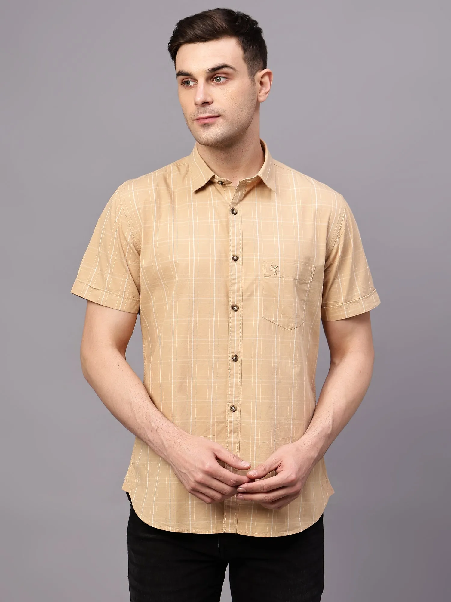 Men's Beige Casual Medium Checks Half sleeve Shirt