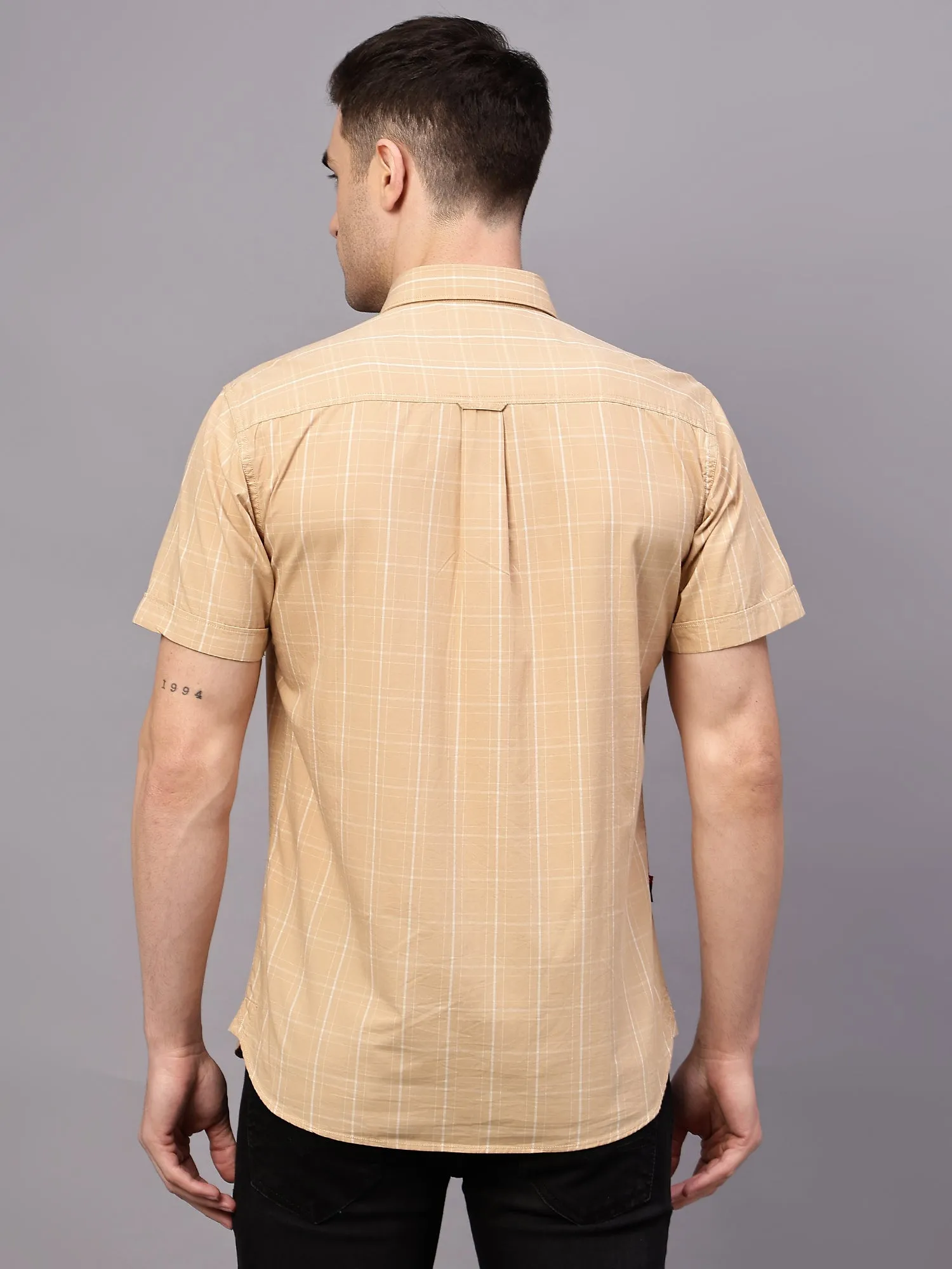 Men's Beige Casual Medium Checks Half sleeve Shirt