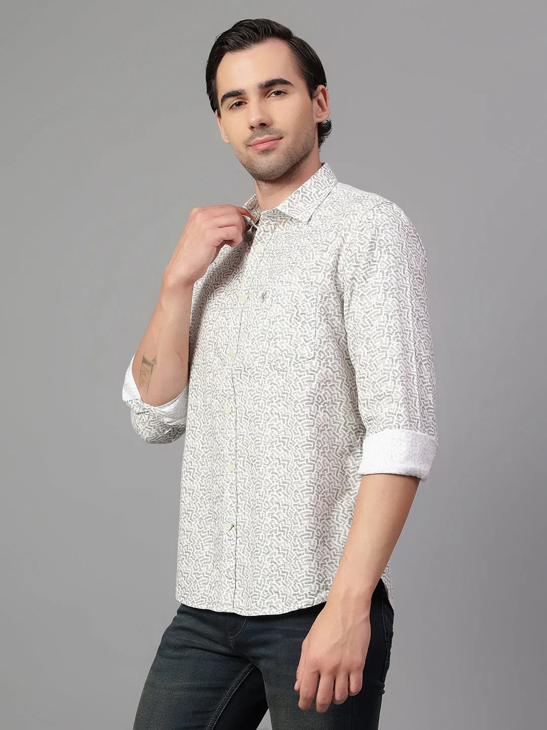 Men's Beige Printed Full Sleeve Casual Shirt