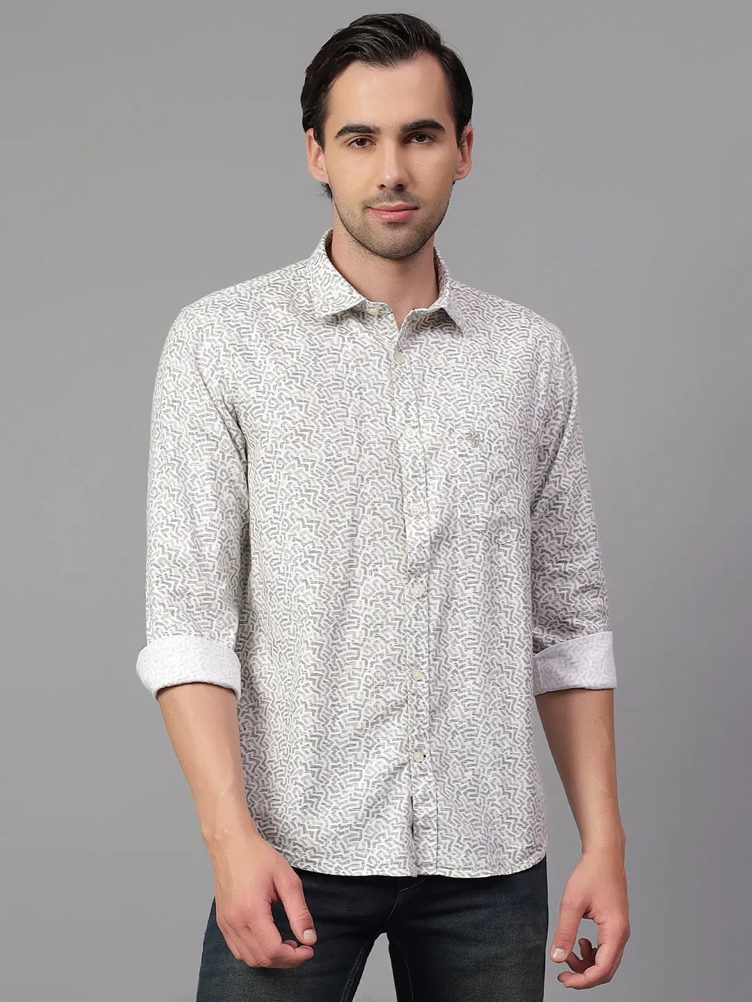 Men's Beige Printed Full Sleeve Casual Shirt