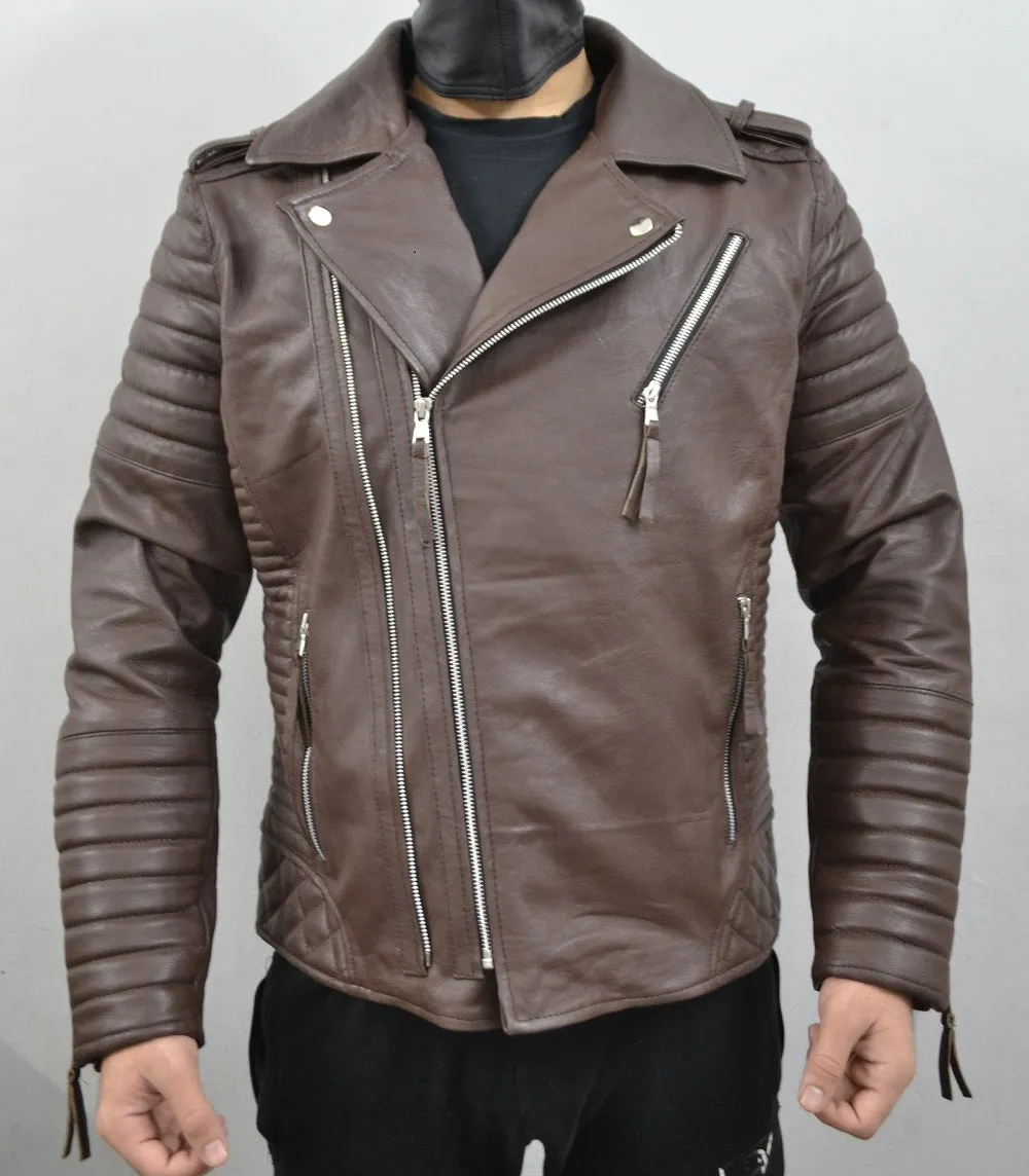 Men's Brando Motorcycle Moto Biker Genuine Leather Jacket