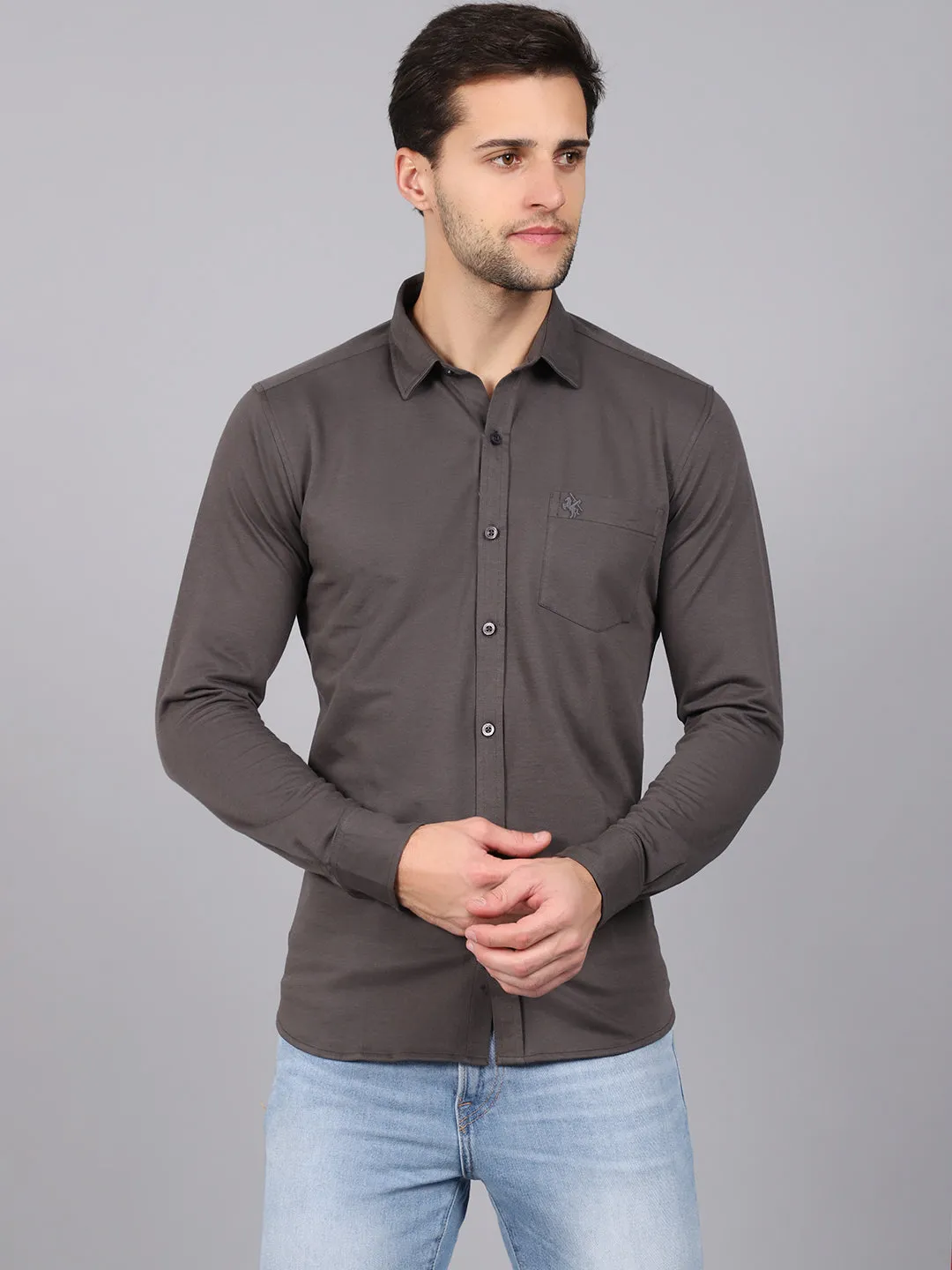 Men's Dark Grey Casual Knit Jersey Full Sleeve Shirt