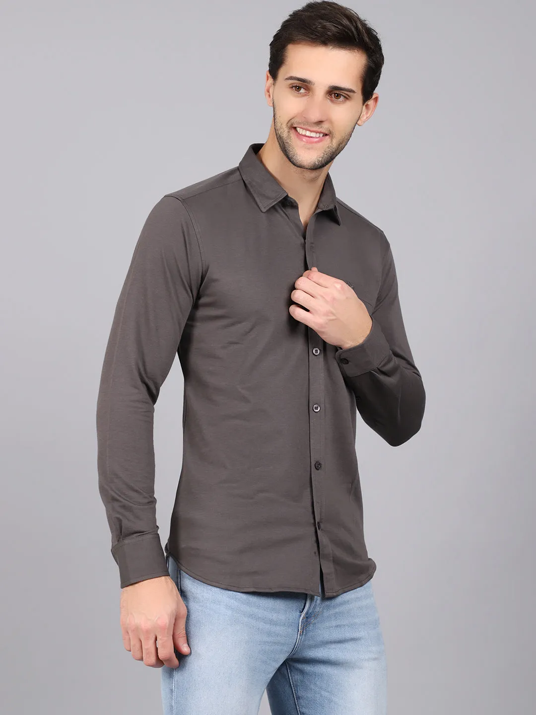 Men's Dark Grey Casual Knit Jersey Full Sleeve Shirt