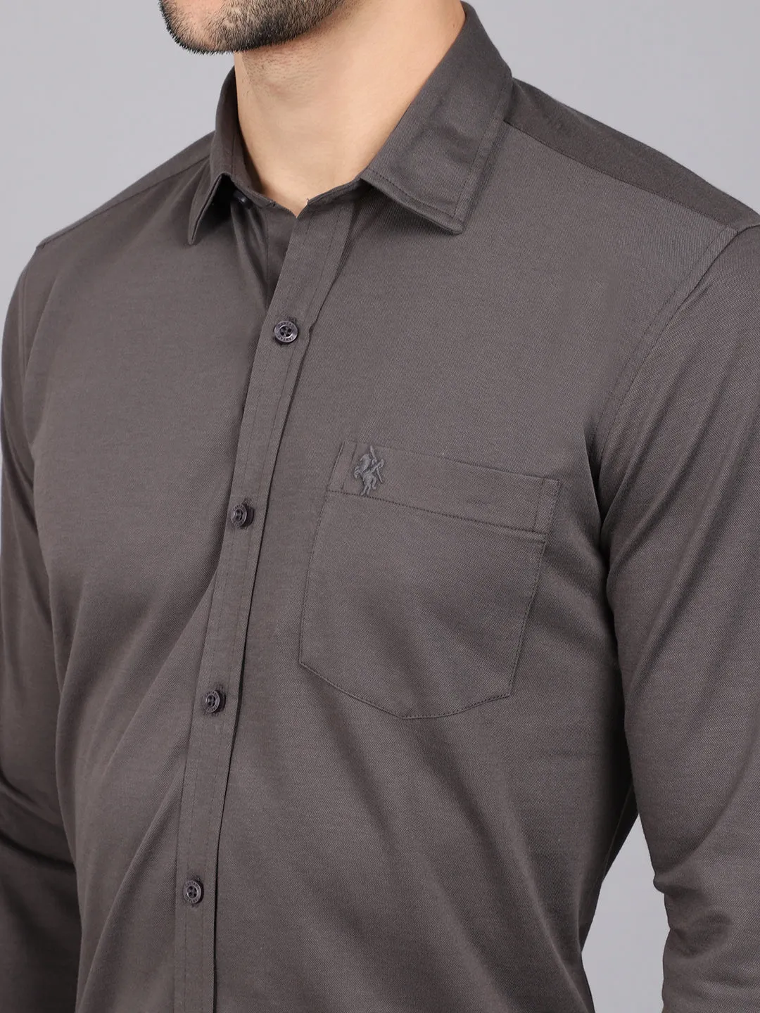 Men's Dark Grey Casual Knit Jersey Full Sleeve Shirt