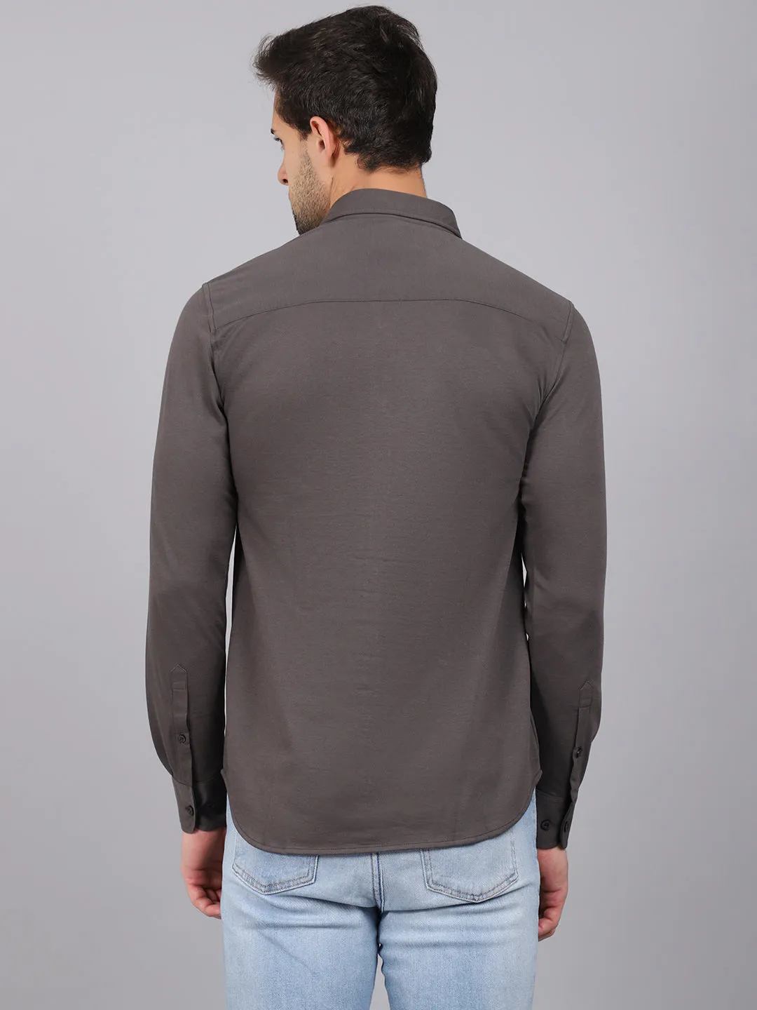 Men's Dark Grey Casual Knit Jersey Full Sleeve Shirt