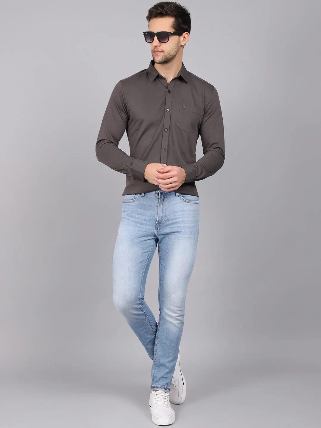 Men's Dark Grey Casual Knit Jersey Full Sleeve Shirt