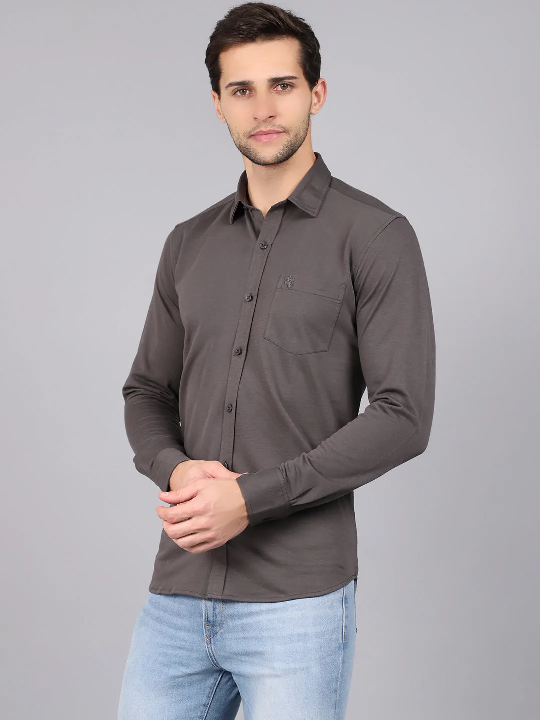 Men's Dark Grey Casual Knit Jersey Full Sleeve Shirt