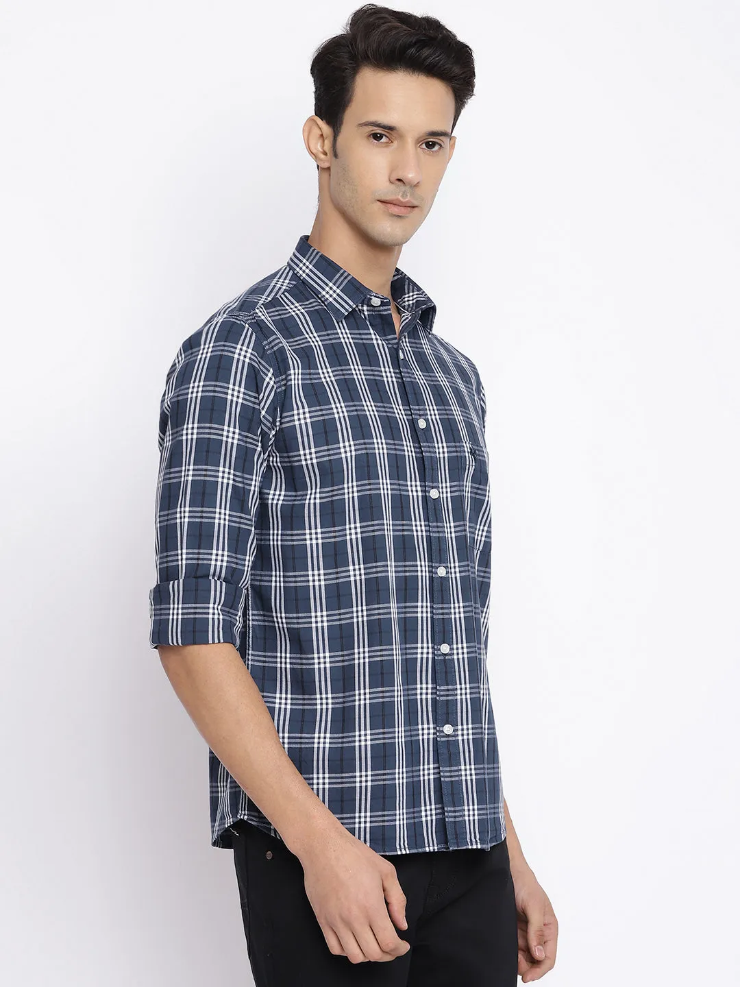 Men's Dark Grey Casual Medium Checks Full Sleeve Shirt