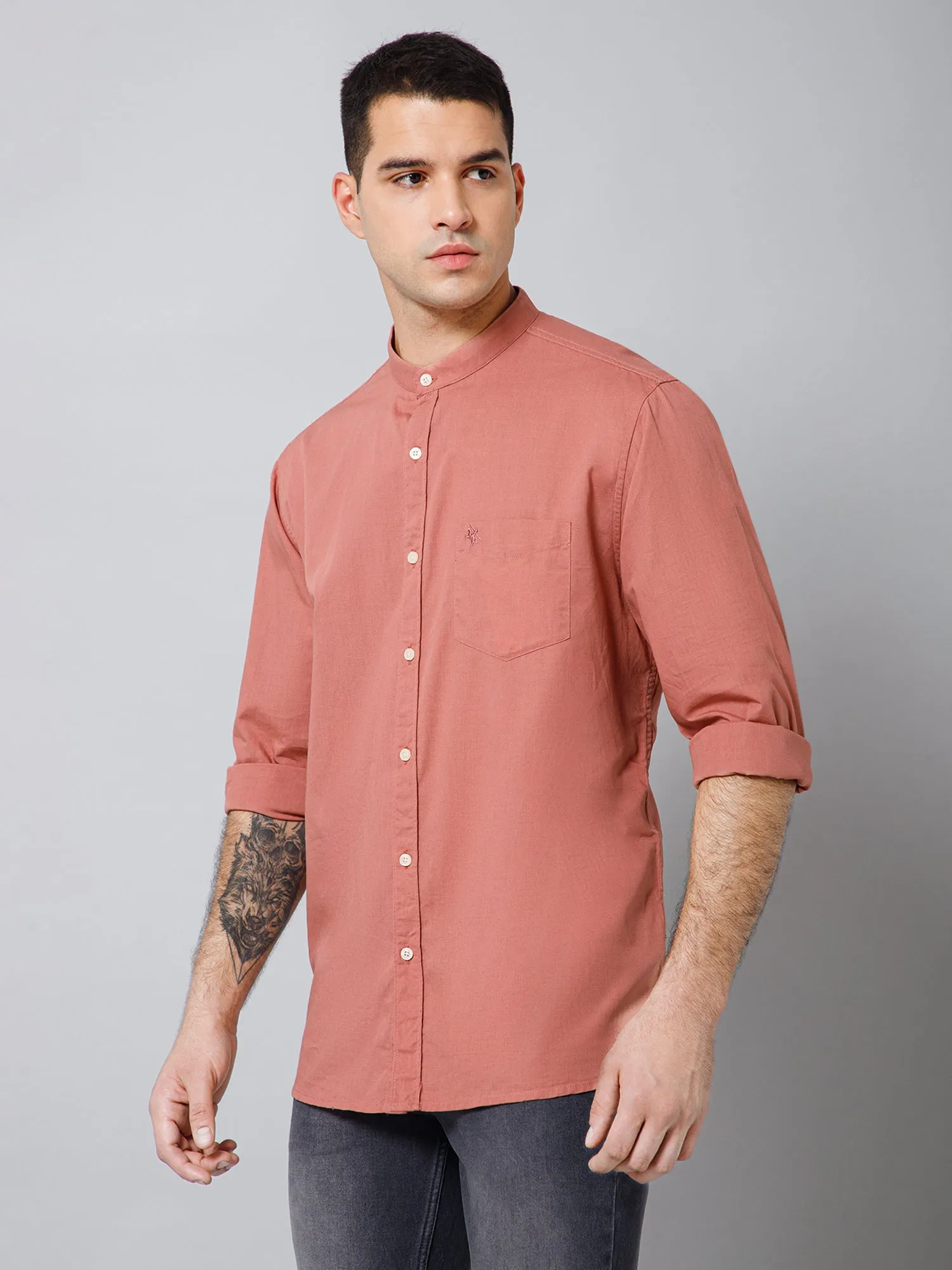 Men's Dark Peach Casual Plain Full Sleeve Shirt