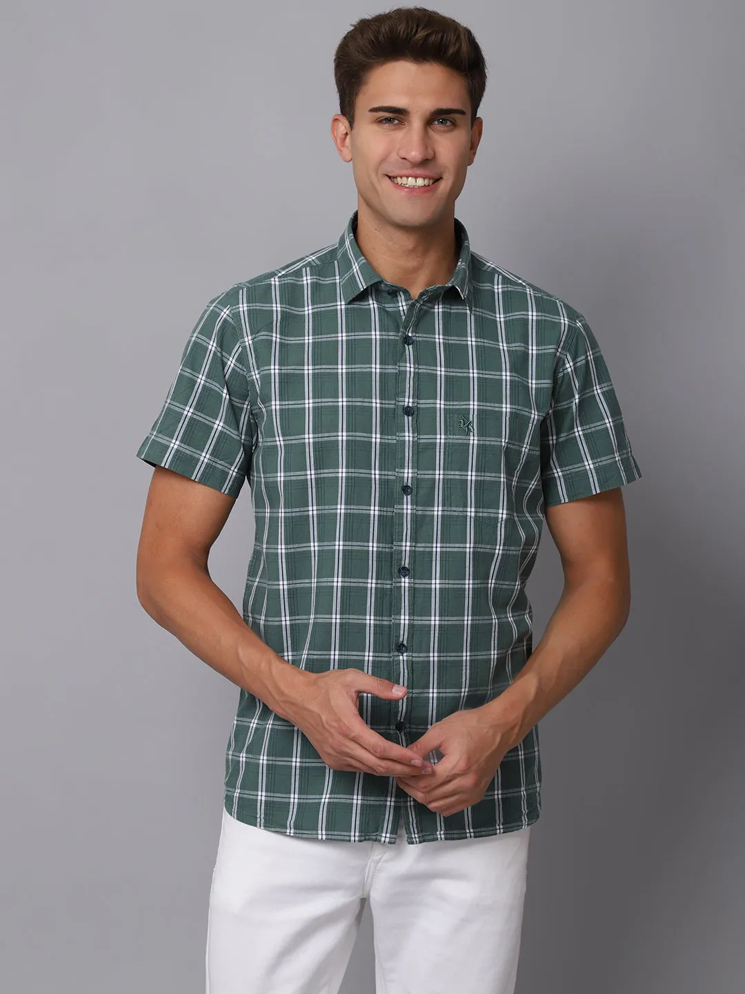 Men's Green Casual Medium Checks Half Sleeve Shirt