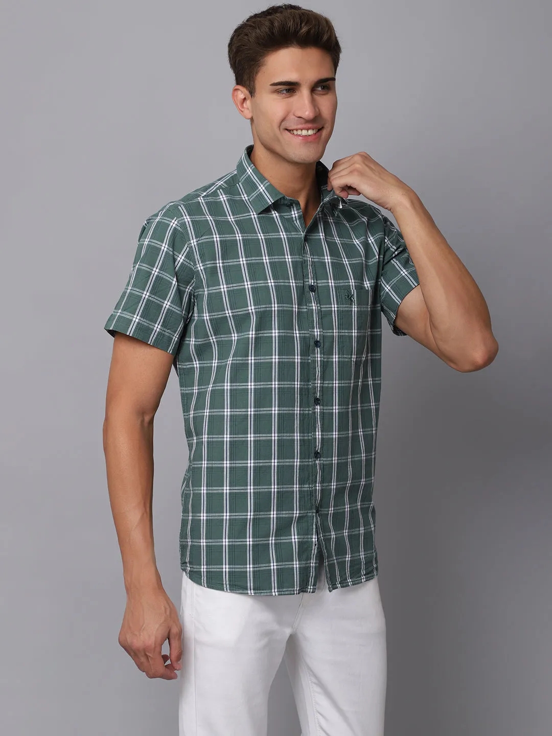 Men's Green Casual Medium Checks Half Sleeve Shirt