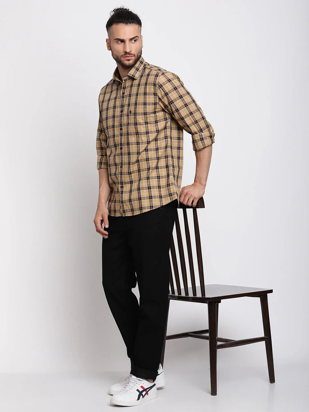 Men's Khaki Casual Big Checks Full Sleeve Shirt