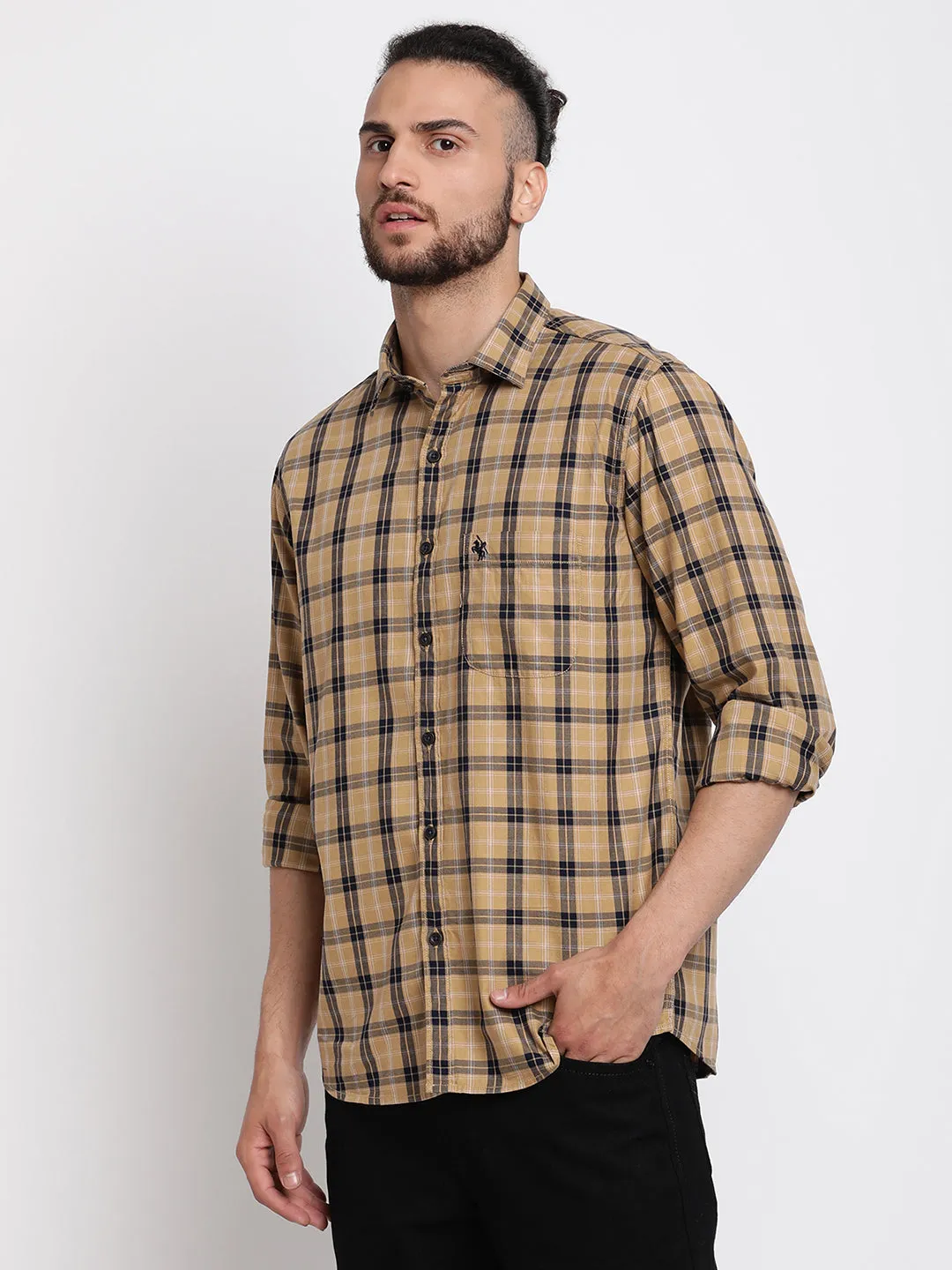 Men's Khaki Casual Big Checks Full Sleeve Shirt