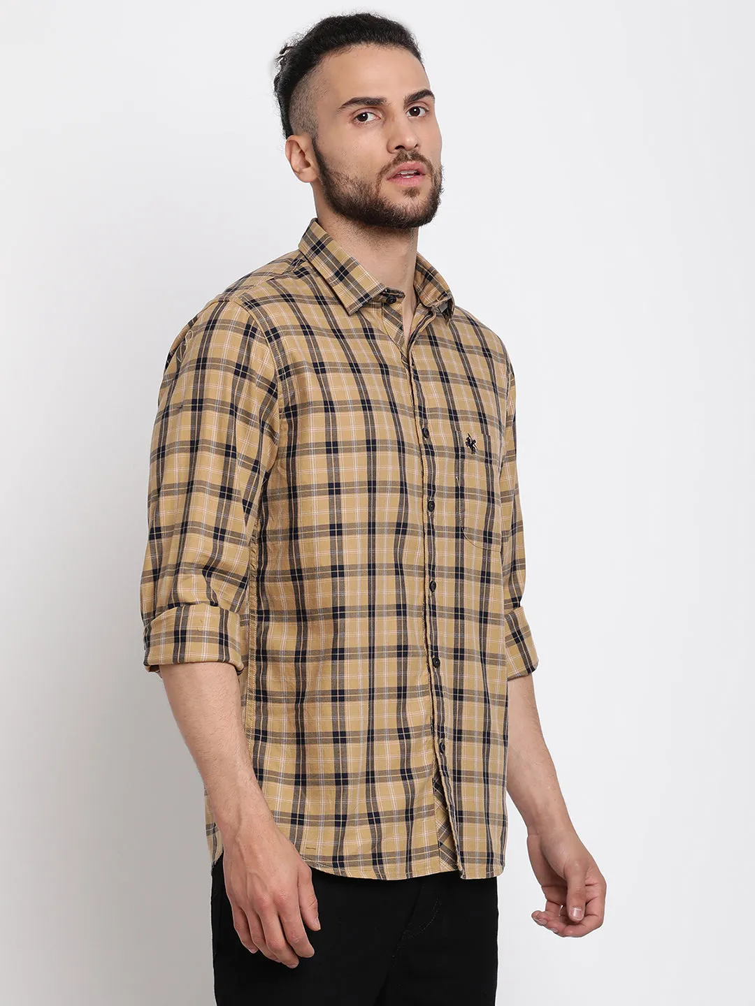 Men's Khaki Casual Big Checks Full Sleeve Shirt