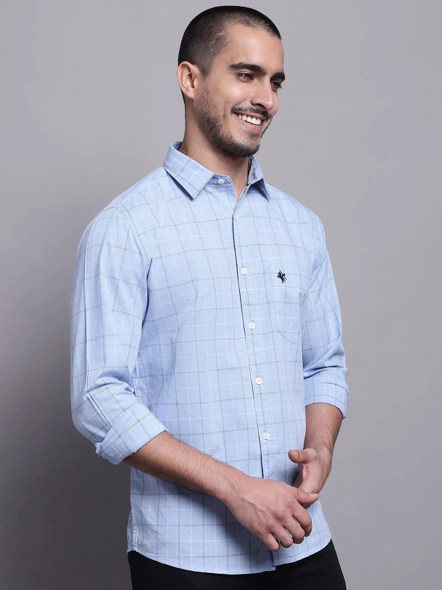 Men's Light Blue Casual Medium Checks Full Sleeve Shirt