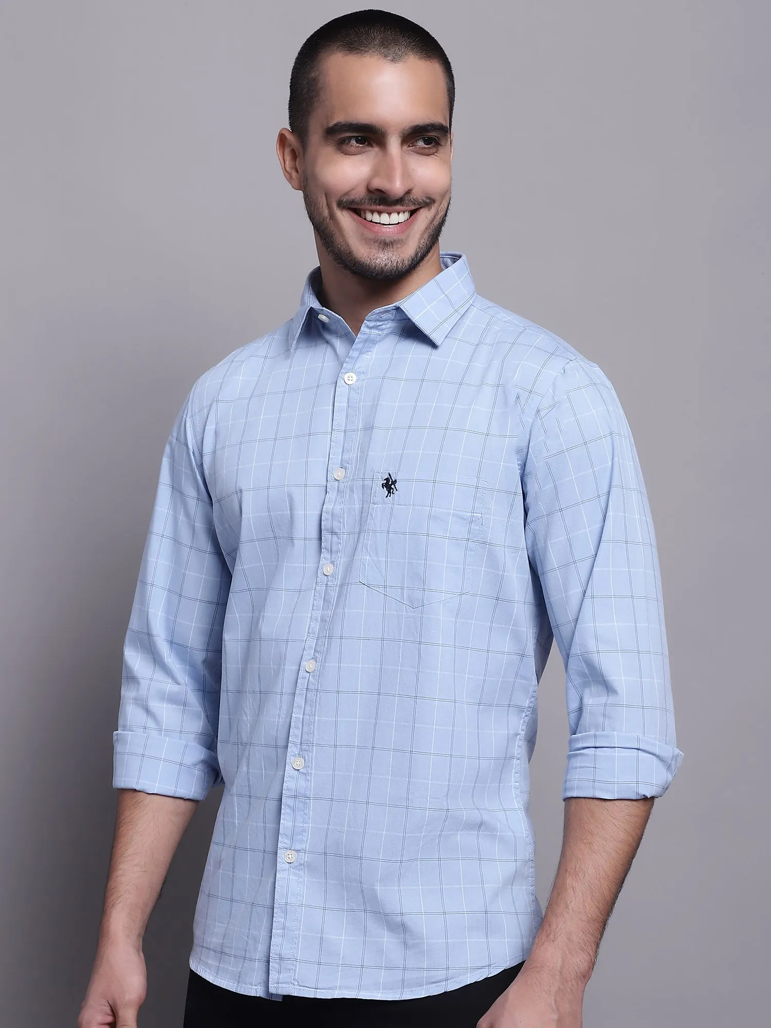 Men's Light Blue Casual Medium Checks Full Sleeve Shirt